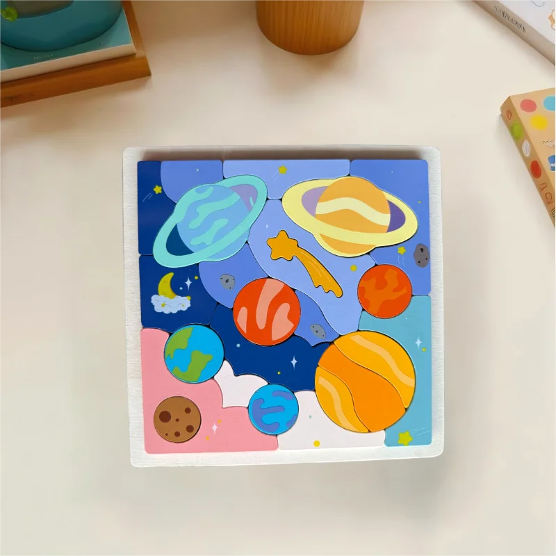 Wooden creative universe puzzle, planet puzzle building blocks.