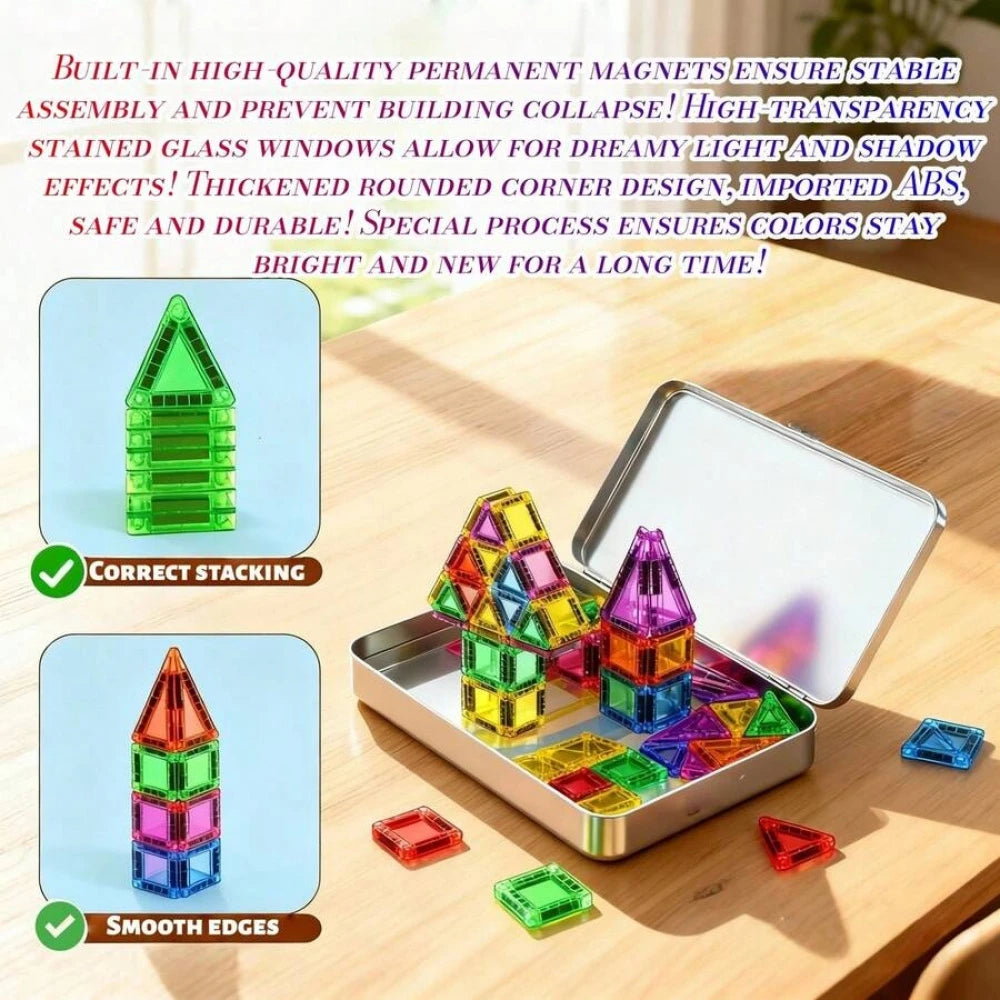 Magnetic Tiles for kids ages 3+ Mini Magnetic Building Blocks,Magnet Tiles Travel Set with Iron Box, Gift Toys for Boys and Girl