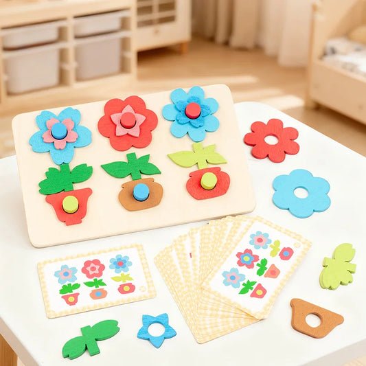 Versatile flower puzzle board paired with building blocks