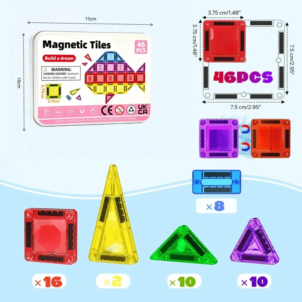 Magnetic Tiles for kids ages 3+ Mini Magnetic Building Blocks,Magnet Tiles Travel Set with Iron Box, Gift Toys for Boys and Girl
