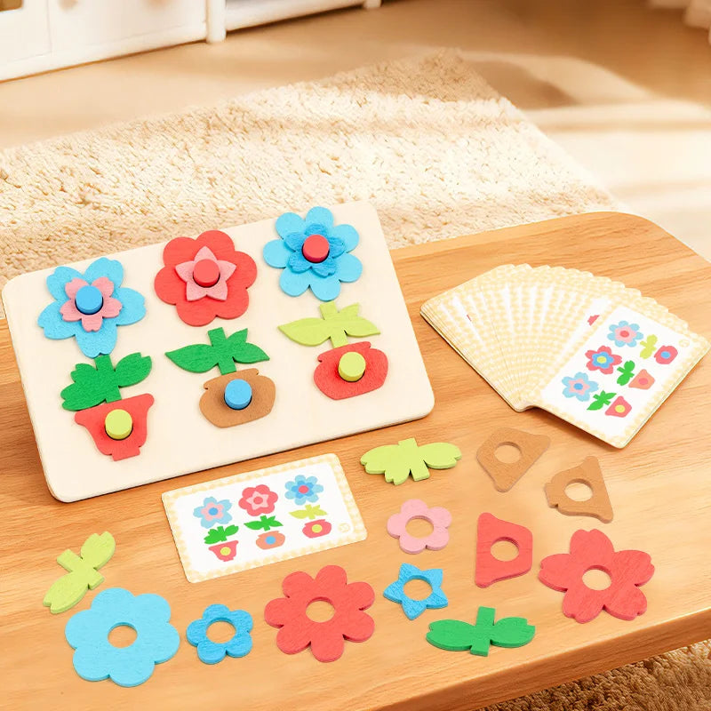 Versatile flower puzzle board paired with building blocks