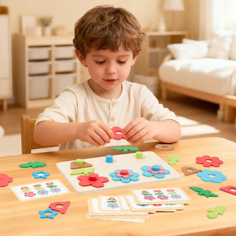Versatile flower puzzle board paired with building blocks