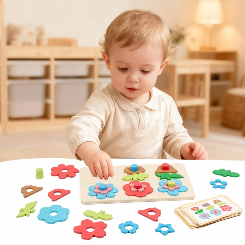 Versatile flower puzzle board paired with building blocks