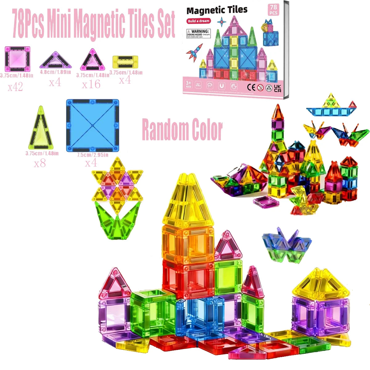 Magnetic Tiles for kids ages 3+ Mini Magnetic Building Blocks,Magnet Tiles Travel Set with Iron Box, Gift Toys for Boys and Girl