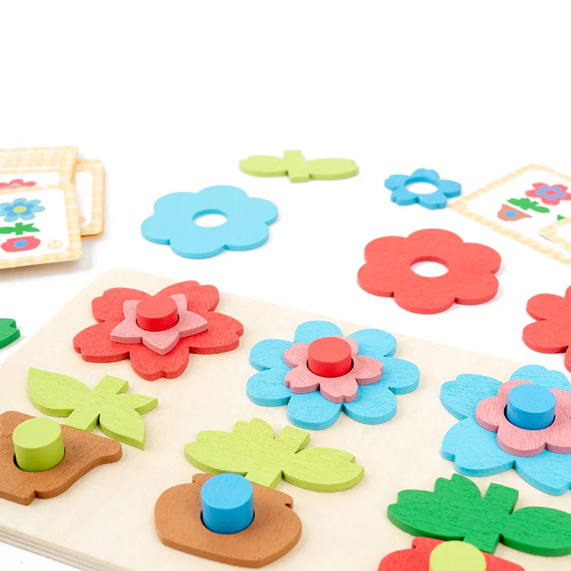 Versatile flower puzzle board paired with building blocks