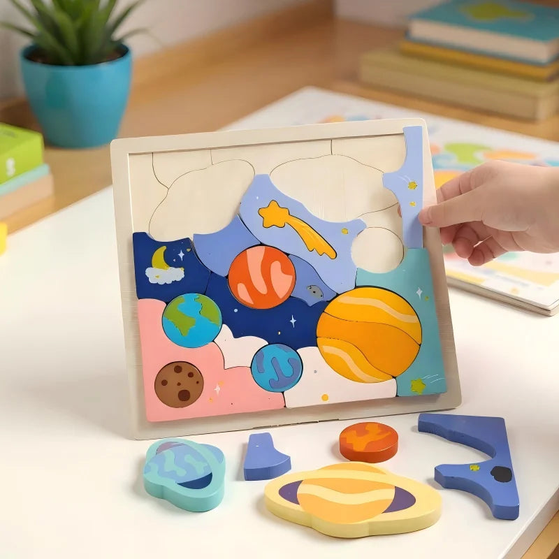 Wooden creative universe puzzle, planet puzzle building blocks.