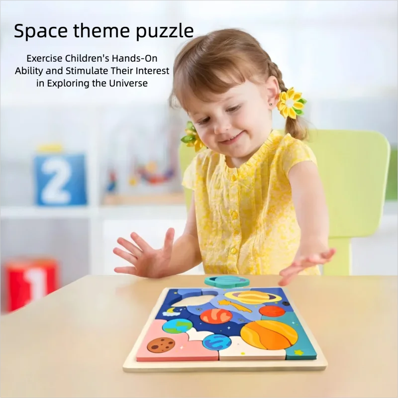 Wooden creative universe puzzle, planet puzzle building blocks.