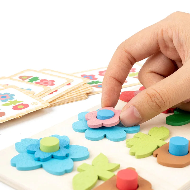 Versatile flower puzzle board paired with building blocks